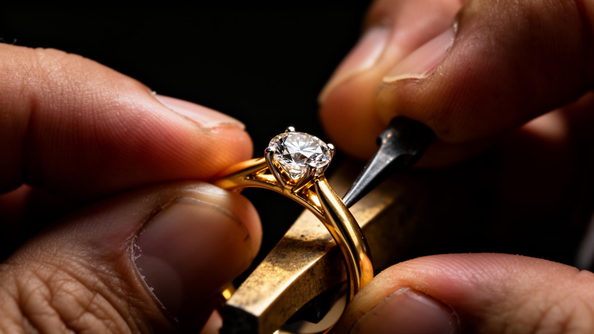 Goldsmith hands setting a diamond into a gold ring